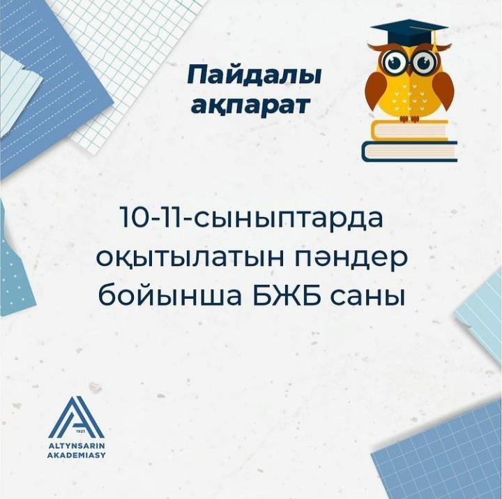 ПАЙДАЛЫ АҚПАРАТ: 10-11 сыныптарда оқытылатын пәндер бойынша БЖБ саны